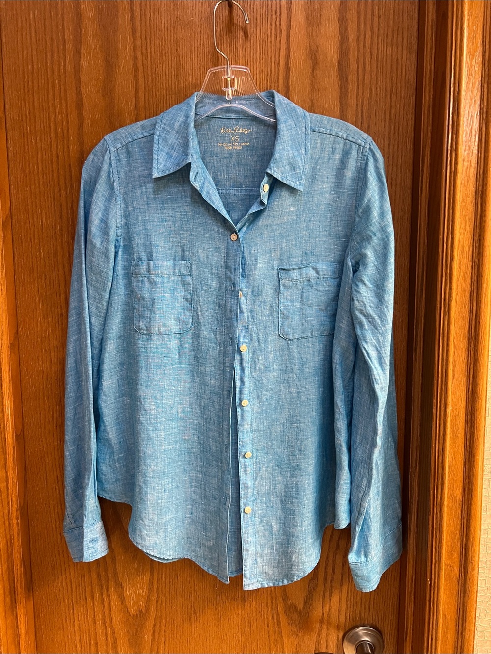 Lilly Pulitzer Seaview Turquoise Button-Down Linen Shirt. XS. EUC.